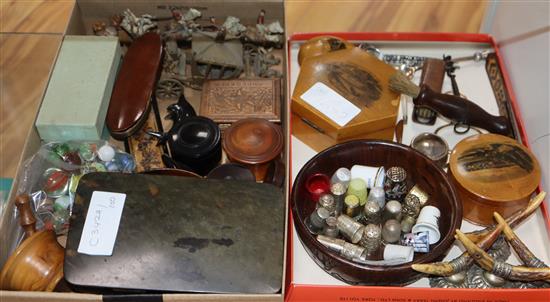A collection of assorted curios including marbles, thimbles and Tunbridgeware